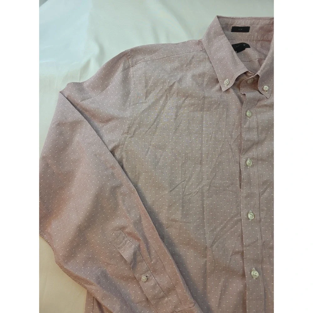 J. Crew Shirt Men's Large Slim Long Sleeve Pink Red Preppy 100% Cotton White Dot - Picture 4 of 16